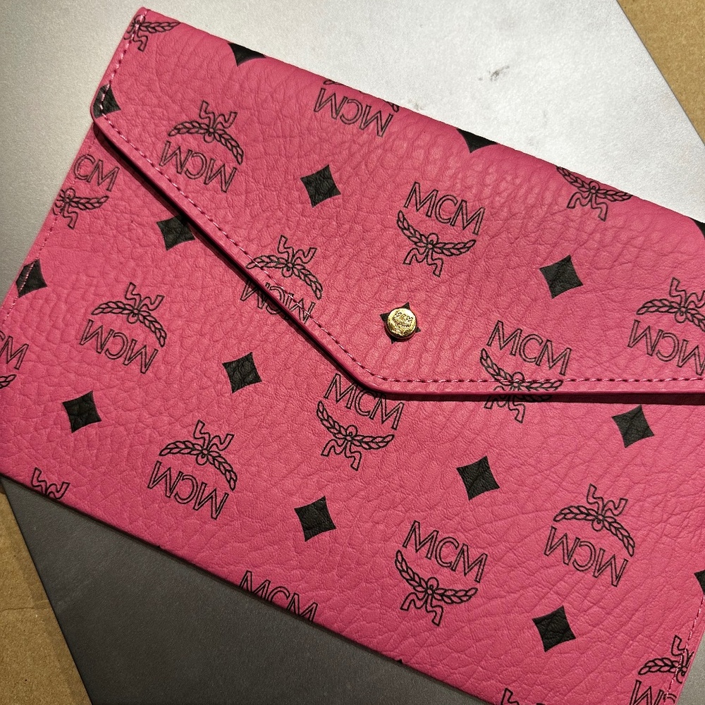 MCM Visetos Leather Envelope Clutch pink